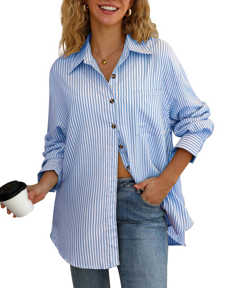 CHYRII Womens Striped Button Down Shirt Casual Long Sleeve Blouse Top Indigo Blue-7174 M - Image 3
