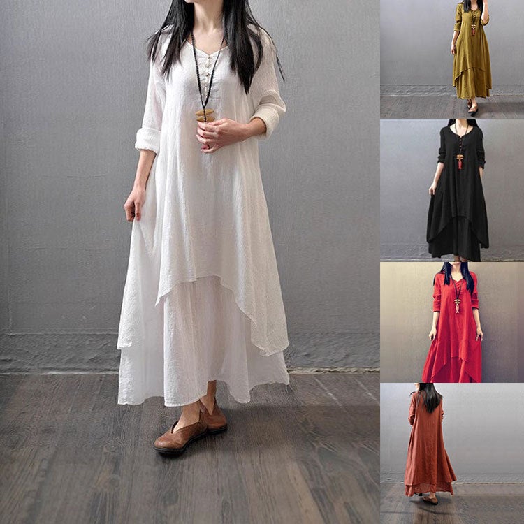 2025 New Fake Two-Piece Long Skirt Literary Large Hem Round Neck Button Linen Dress Loose Long-Sleeved Long Skirt - Image 2
