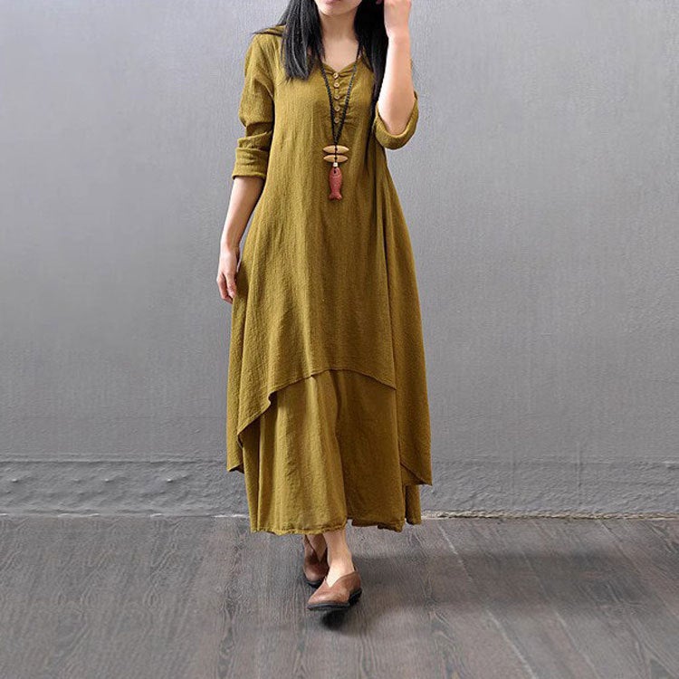 2025 New Fake Two-Piece Long Skirt Literary Large Hem Round Neck Button Linen Dress Loose Long-Sleeved Long Skirt - Image 3