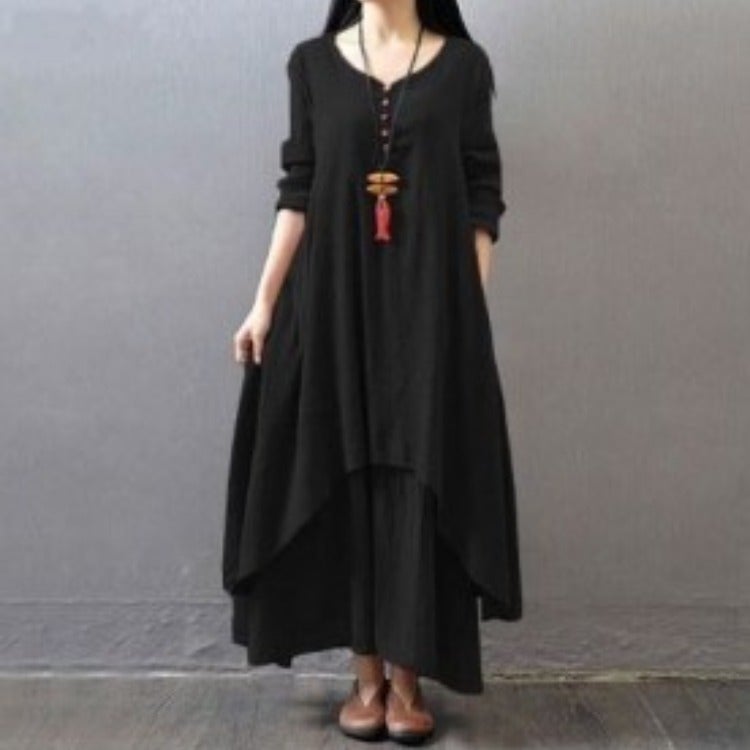 2025 New Fake Two-Piece Long Skirt Literary Large Hem Round Neck Button Linen Dress Loose Long-Sleeved Long Skirt - Image 4