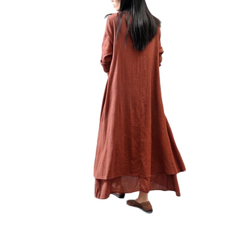 2025 New Fake Two-Piece Long Skirt Literary Large Hem Round Neck Button Linen Dress Loose Long-Sleeved Long Skirt - Image 5