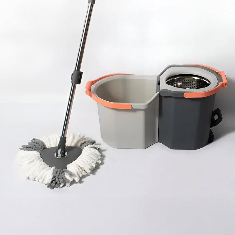 PRIME PICK Twin Spin Mop with Pedal Triangle Extendable Ceiling Fan Cleaning Brush Stainless Steel Wringer Puller Handle Microfiber Dry Wet Mop Floor Wall Fan Cleaning 2 Microfiber Refills - Image 1
