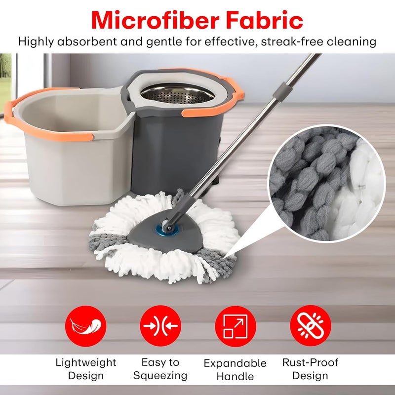 PRIME PICK Twin Spin Mop with Pedal Triangle Extendable Ceiling Fan Cleaning Brush Stainless Steel Wringer Puller Handle Microfiber Dry Wet Mop Floor Wall Fan Cleaning 2 Microfiber Refills - Image 3