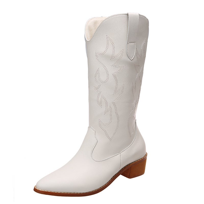 2023 New Thick Heel Pu Leather Pointed Toe Western Cowboy Boots For Women Retro V-Mouth Knee-High Knight Boots Mid-Tube - Image 1