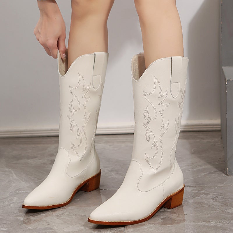 2023 New Thick Heel Pu Leather Pointed Toe Western Cowboy Boots For Women Retro V-Mouth Knee-High Knight Boots Mid-Tube - Image 2