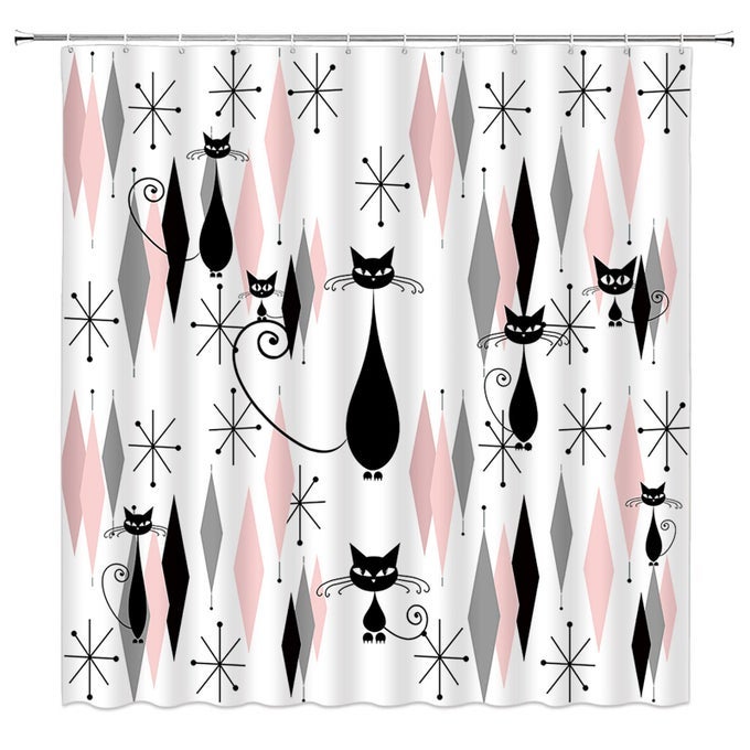 MID CENTURY BLACK CAT SHOWER CURTAIN ATOMIC CAT MODERN ABSTRACT GEOMETRIC ICONIC PATTERN 1950S VINTAGE FUNNY WALL HANGING TAPESTRIES HOME DECOR WALL HANGING ART DECOR LIVING ROOM BEDROOM HOME