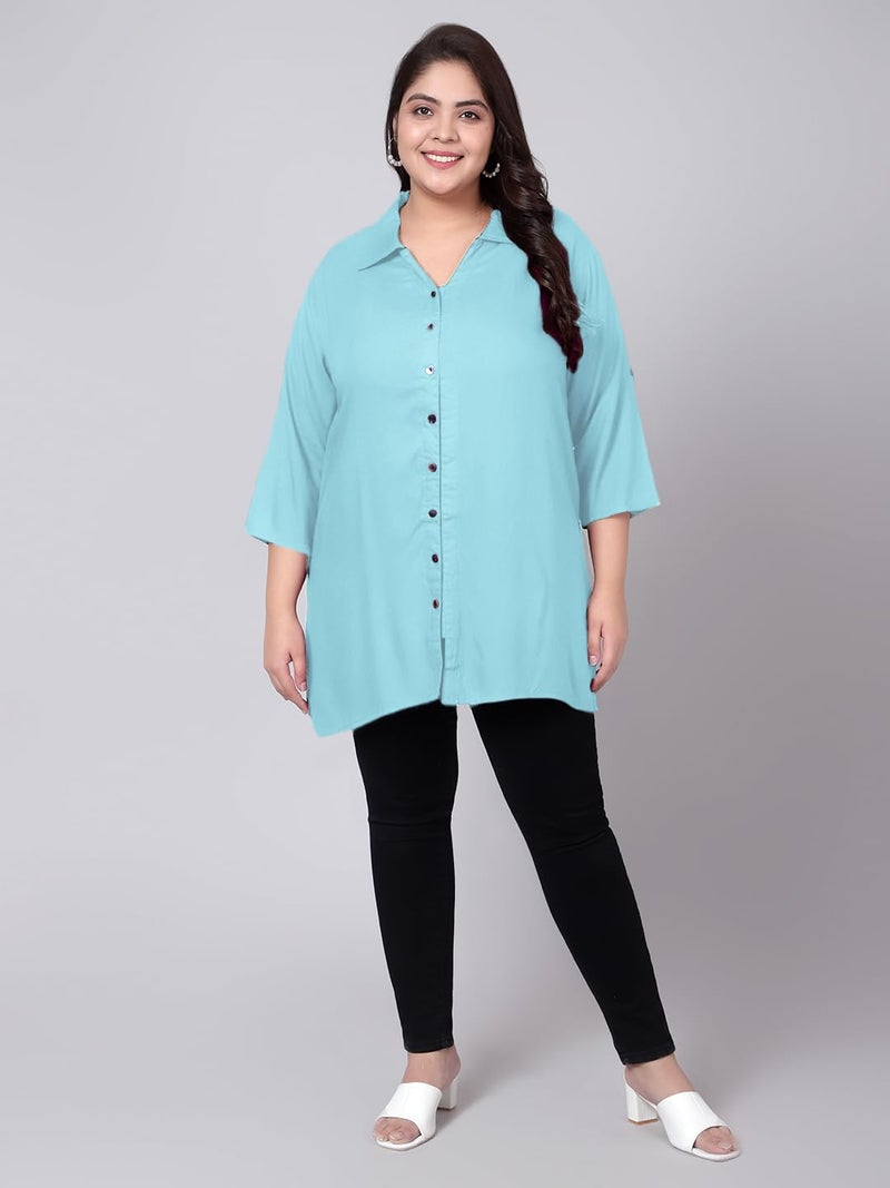 Indietoga Women Rayon Regular Fit Plus Size Casual Rayon Longline Shirt Tops(P10001505_Light Blue Solid_7XL) - Image 2