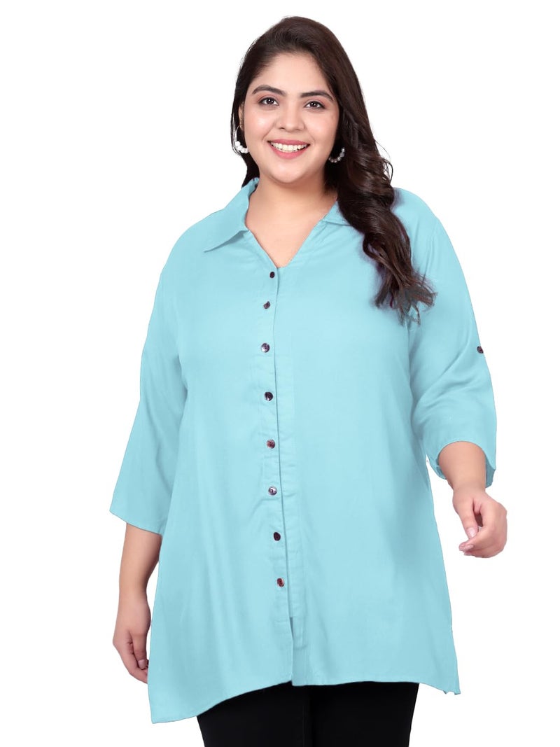 Indietoga Women Rayon Regular Fit Plus Size Casual Rayon Longline Shirt Tops(P10001505_Light Blue Solid_7XL) - Image 1