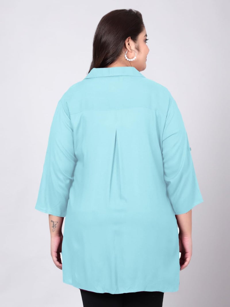 Indietoga Women Rayon Regular Fit Plus Size Casual Rayon Longline Shirt Tops(P10001505_Light Blue Solid_7XL) - Image 4