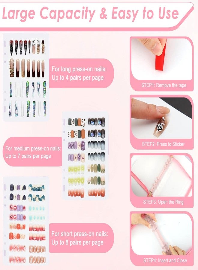 maycreate منظم أظافر MAYCREATE® القابلة للضغط مع 4 صفحات إدخال، حجم A5 كتاب جمع أظافر مزيفة القابل لإعادة الاستخدام لتخزين الأظافر عرض الأظافر لوازم صالون الأظافر مع شريط الأظافر، وردي - Image 4