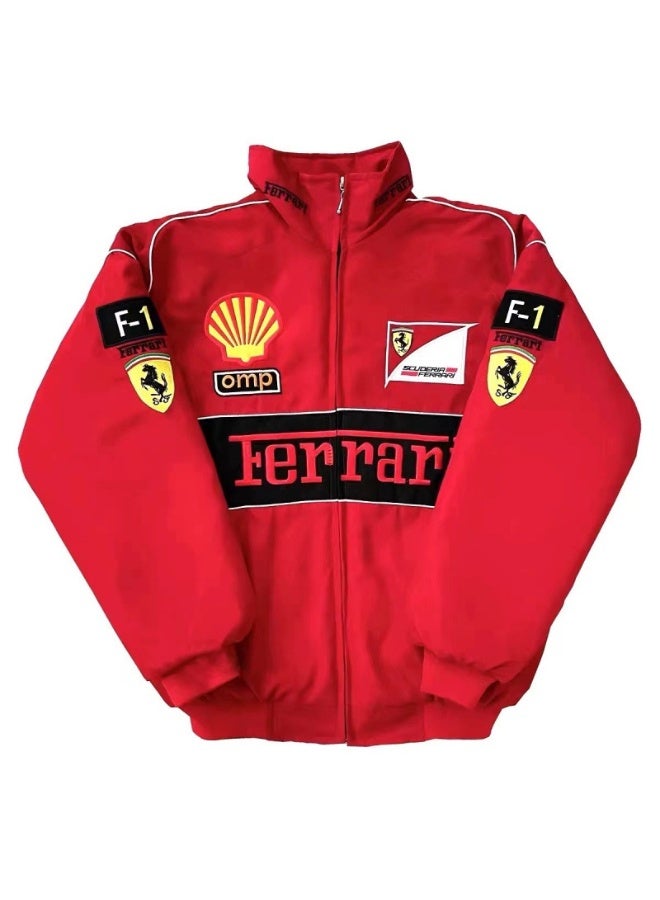 Ferrari  F1 Racing Jacket - Shell/UPS Sponsor Badges, Black/Red Color Block, Embroidered Logo, Full-Zip Design, Unisex Motorsport Streetwear Coat - Image 1