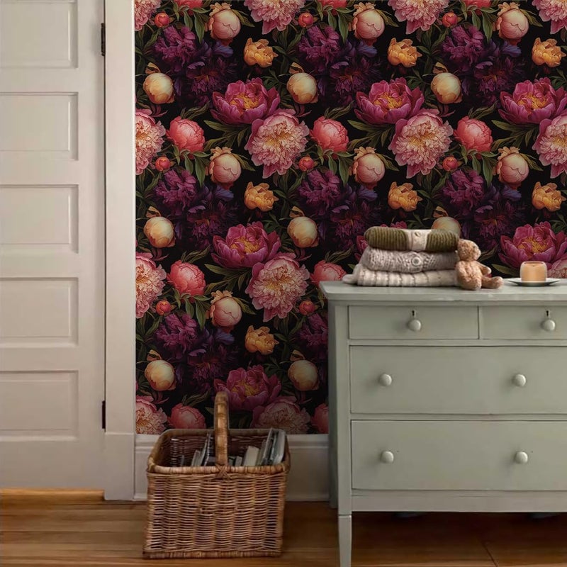 MuralPeel Vintage Pink Peony Floral Pink/Purple/Yellow Flowers Peel and Stick Wallpaper Self Adhesive Removable Easy Peel Off Contact Paper Stick on Wall Paper for Bedroom Cabinet Renter Friendly - Image 3