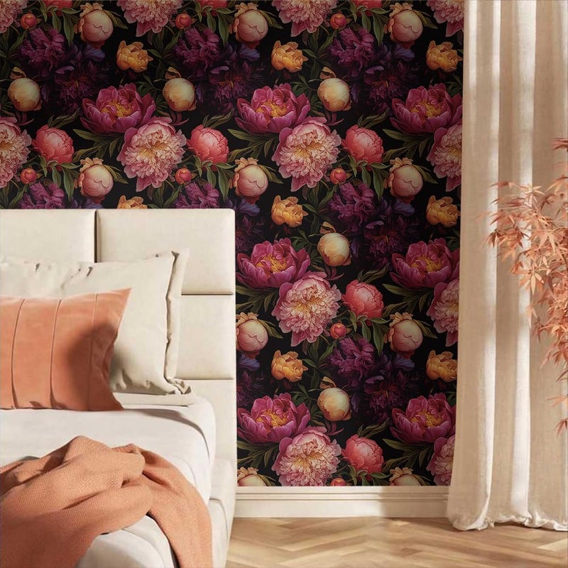MuralPeel Vintage Pink Peony Floral Pink/Purple/Yellow Flowers Peel and Stick Wallpaper Self Adhesive Removable Easy Peel Off Contact Paper Stick on Wall Paper for Bedroom Cabinet Renter Friendly - Image 2