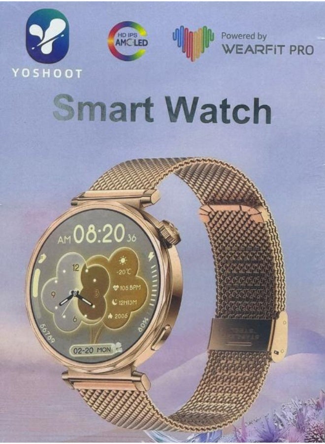 YOSHOOT ساعة YOSHOOT YT-25 الذكية الدائرية - ساعة ذكية نسائية باللون الذهبي الوردي مع 3 أحزمة، وميزة تتبع اللياقة البدنية، ودعم تطبيقات البلوتوث - Image 2