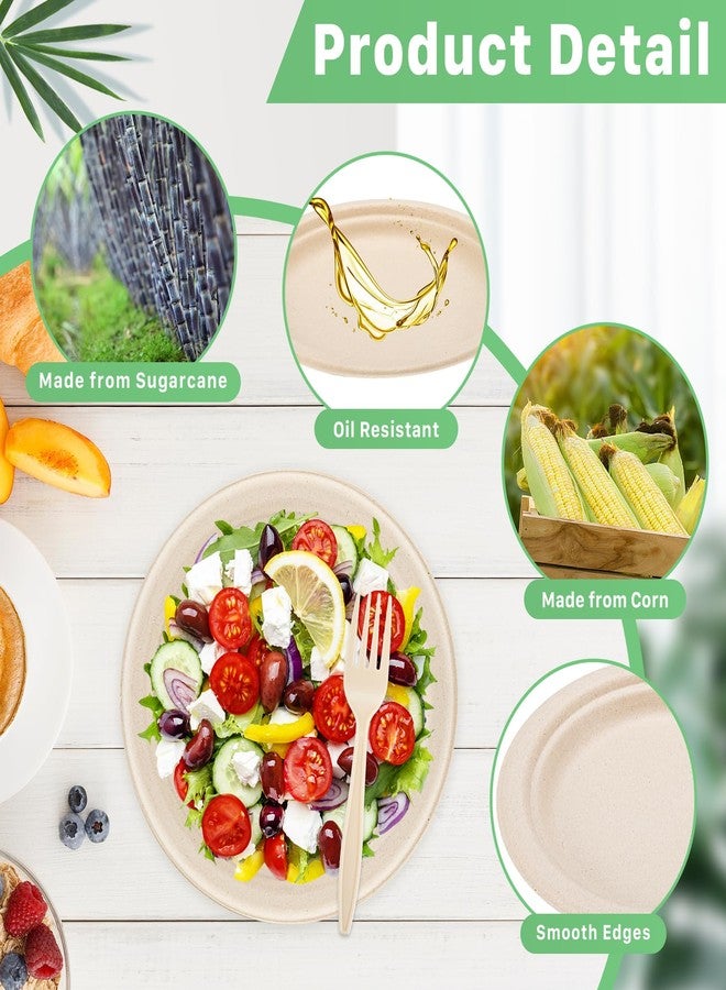 Tivcck 250 PCS Compostable Paper Plates Set,Compostable Plates Sugarcane Utensils,Disposable Dinnerware Set,Include Biodegradable Plates,Extra Long Forks,Knives,Spoons for Party - Image 3