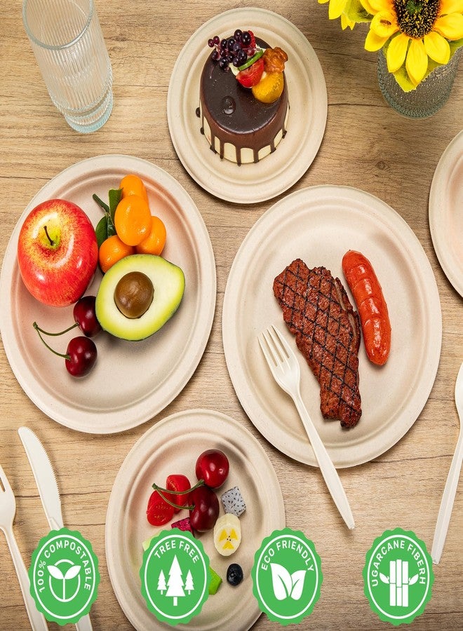 Tivcck 250 PCS Compostable Paper Plates Set,Compostable Plates Sugarcane Utensils,Disposable Dinnerware Set,Include Biodegradable Plates,Extra Long Forks,Knives,Spoons for Party - Image 5