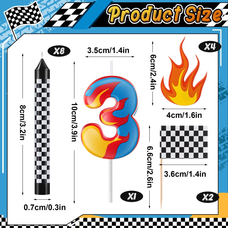 Conelist 15 Pcs Racing Cars Themed Birthday Number Candles Truck Wheel Candle Black and White Checkered Flag Cake Topper Fire Race Car Cake Decoration for Birthday Party Decoration Supplies(Number 3) - Image 2