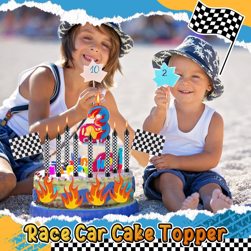 Conelist 15 Pcs Racing Cars Themed Birthday Number Candles Truck Wheel Candle Black and White Checkered Flag Cake Topper Fire Race Car Cake Decoration for Birthday Party Decoration Supplies(Number 3) - Image 4