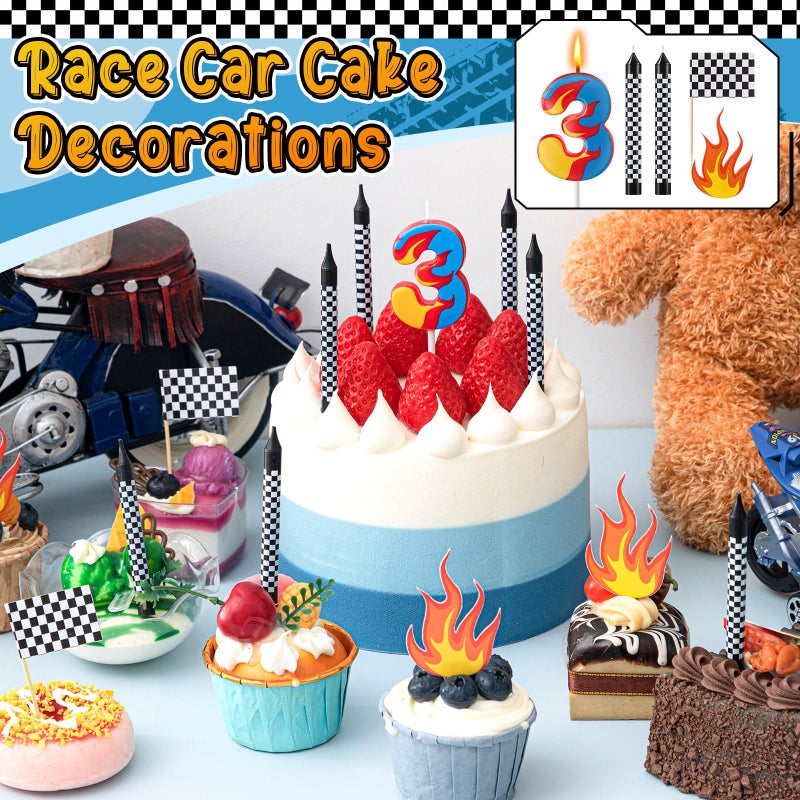 Conelist 15 Pcs Racing Cars Themed Birthday Number Candles Truck Wheel Candle Black and White Checkered Flag Cake Topper Fire Race Car Cake Decoration for Birthday Party Decoration Supplies(Number 3) - Image 3