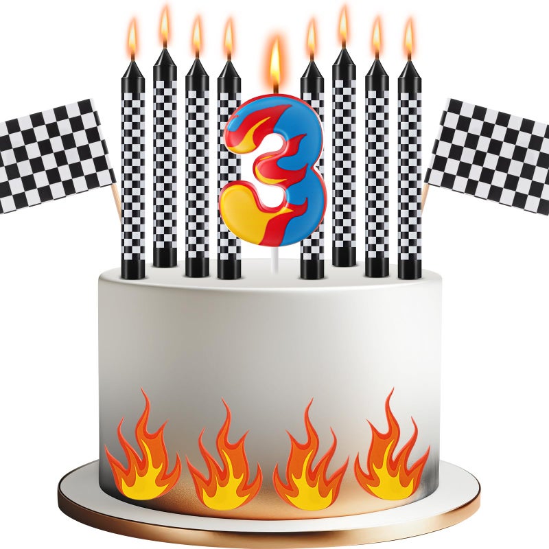Conelist 15 Pcs Racing Cars Themed Birthday Number Candles Truck Wheel Candle Black and White Checkered Flag Cake Topper Fire Race Car Cake Decoration for Birthday Party Decoration Supplies(Number 3) - Image 1
