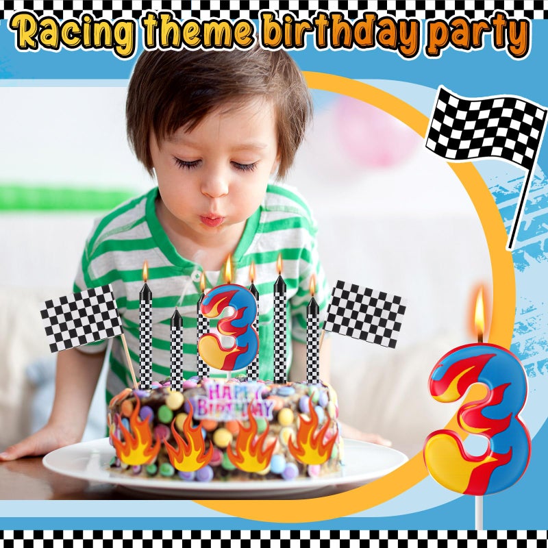 Conelist 15 Pcs Racing Cars Themed Birthday Number Candles Truck Wheel Candle Black and White Checkered Flag Cake Topper Fire Race Car Cake Decoration for Birthday Party Decoration Supplies(Number 3) - Image 5