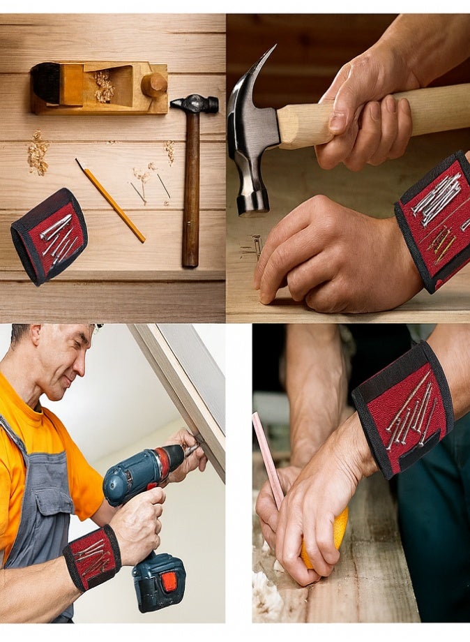 ليفي حامل أدوات مغناطيسي، سوار معصم قوي قابل للتعديل مزود بمغناطيس قوي لحمل البراغي والمسامير والبراغي ورؤوس المثقاب والأدوات الصغيرة - ملحقات DIY والكهربائيين والحرفيين (أحمر وأسود) - Image 2