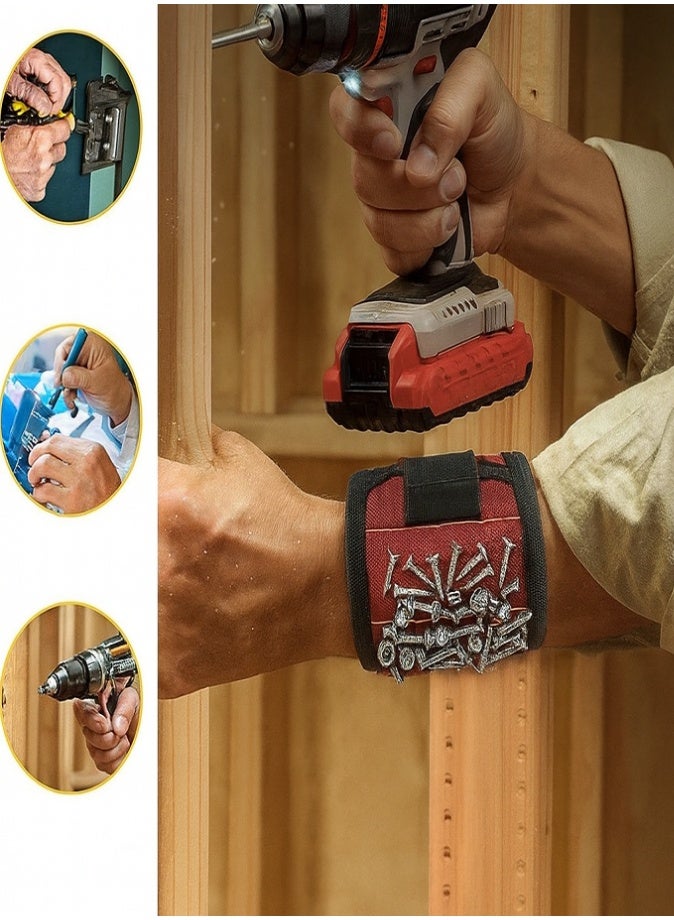 ليفي حامل أدوات مغناطيسي، سوار معصم قوي قابل للتعديل مزود بمغناطيس قوي لحمل البراغي والمسامير والبراغي ورؤوس المثقاب والأدوات الصغيرة - ملحقات DIY والكهربائيين والحرفيين (أحمر وأسود) - Image 3