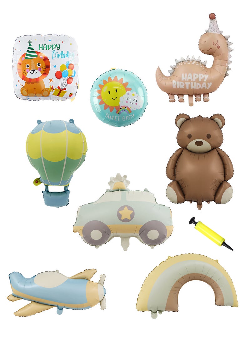 Splendors 8pcs Cartoon Foil Balloons For Kids Birthday Party Decorations Cute Transportation Patterns Animal-Shaped Balloons Dinosaur Party Balloons With Hand-operated Pump - Image 1