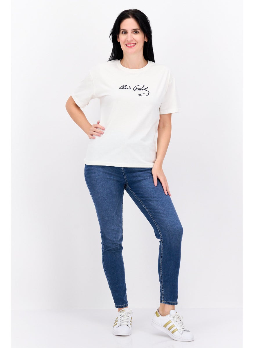 ELVIS Women Crew Neck Short Sleeves Graphic Printed T-Shirt, White  - Image 4