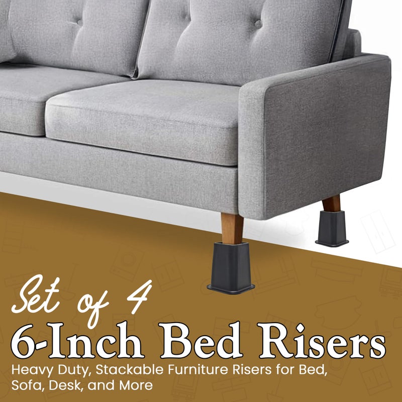 Kings Brand Furniture 6-inch Bed Risers - Set of 4 Black Heavy Duty Stackable Furniture Risers for Under Bed Storage, Desk, Sofa, Couch - Image 2