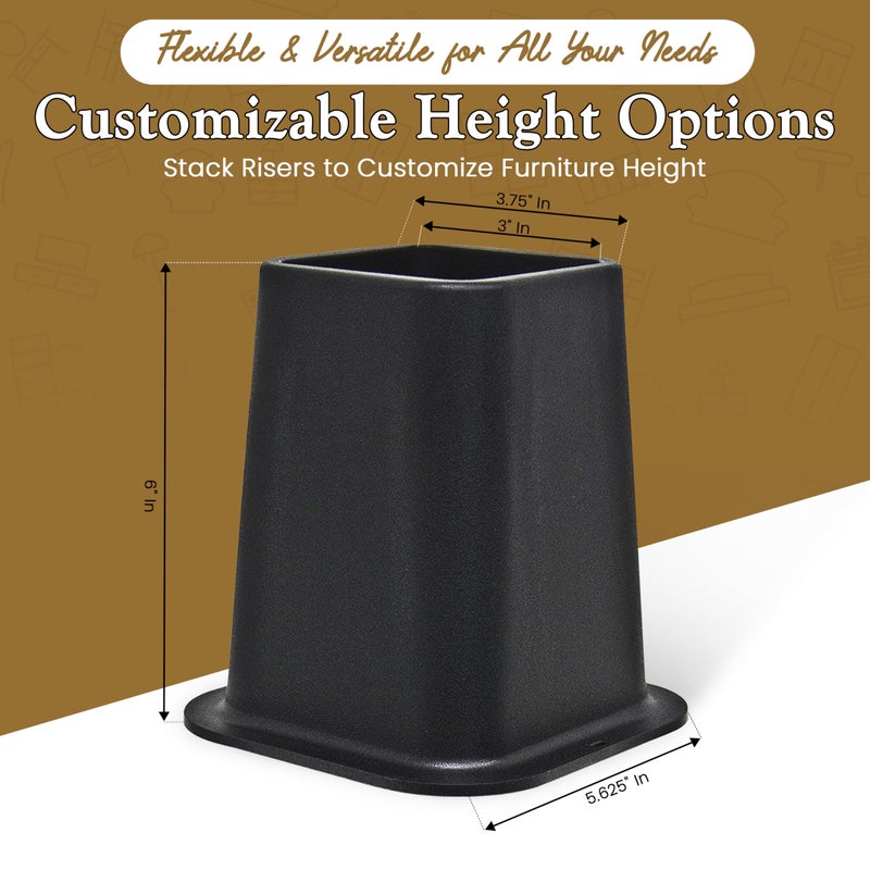 Kings Brand Furniture 6-inch Bed Risers - Set of 4 Black Heavy Duty Stackable Furniture Risers for Under Bed Storage, Desk, Sofa, Couch - Image 4