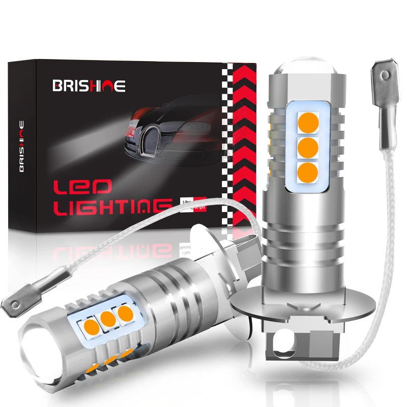BRISHINE H3 LED Fog Light Bulbs Pack of 2 Extremely Bright 3030Chips H3 LED Bulbs with Projector for Car Fog Lights Daytime Running Lights DRL Golden Yellow