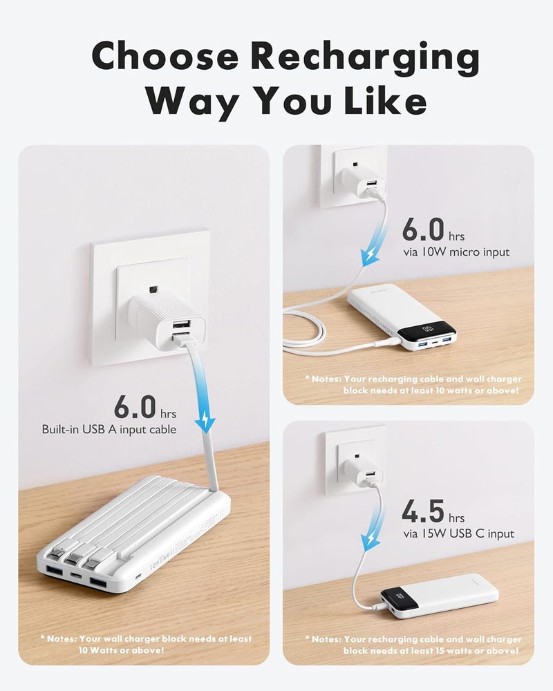 Charmast Power Bank with Built in Cable, 10000mAh USB C Battery Pack 6 Outputs 2 Inputs with LED Display Type C Powerbank Portable Charger Compatible with Smartphones Tablets and More-White - Image 4