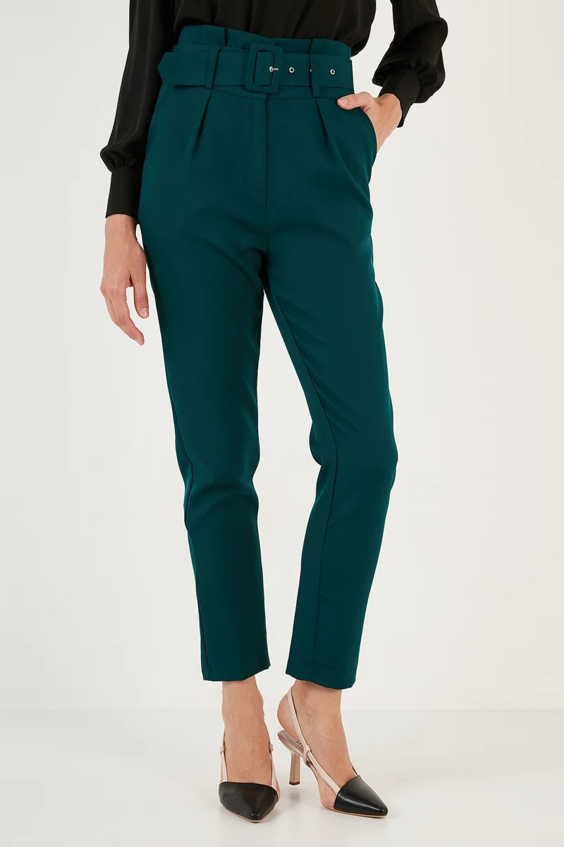 Lela High Waist Pocket Belted Regular Fit Fabric Trousers Women's Trousers 611PL04