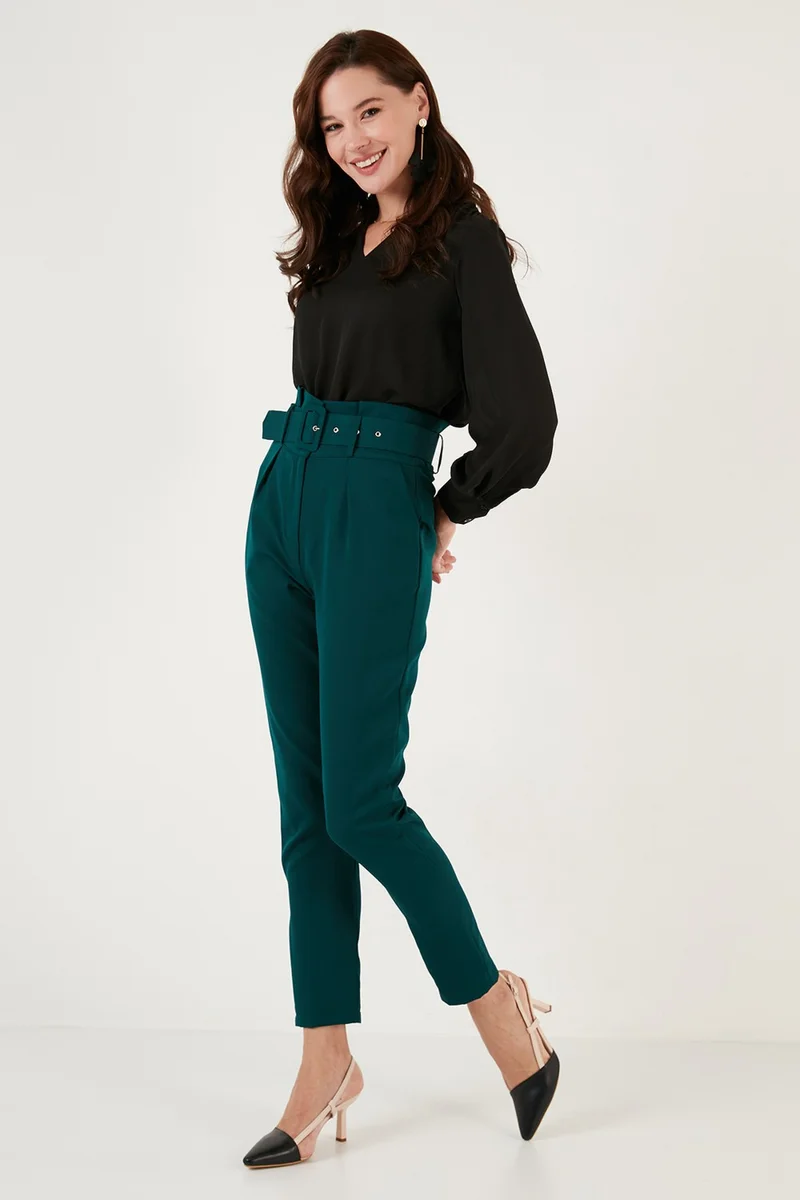 Lela High Waist Pocket Belted Regular Fit Fabric Trousers Women's Trousers 611PL04