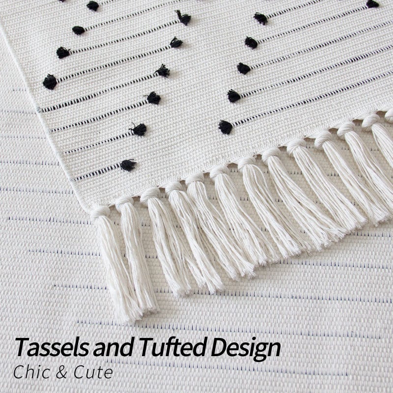 MitoVilla MitoVilla Black White Boho Rug 2'x3'  Off White Small Bathroom Rug with Tassel  Farmhouse Kitchen Bath Mat  Bohemian Runner Rug for Bedroom  Washable Cotton Woven Hallway Laundry Entryway Throw Rug  - Image 4