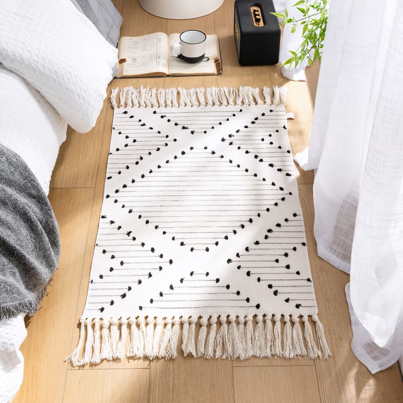 MitoVilla MitoVilla Black White Boho Rug 2'x3'  Off White Small Bathroom Rug with Tassel  Farmhouse Kitchen Bath Mat  Bohemian Runner Rug for Bedroom  Washable Cotton Woven Hallway Laundry Entryway Throw Rug  - Image 2