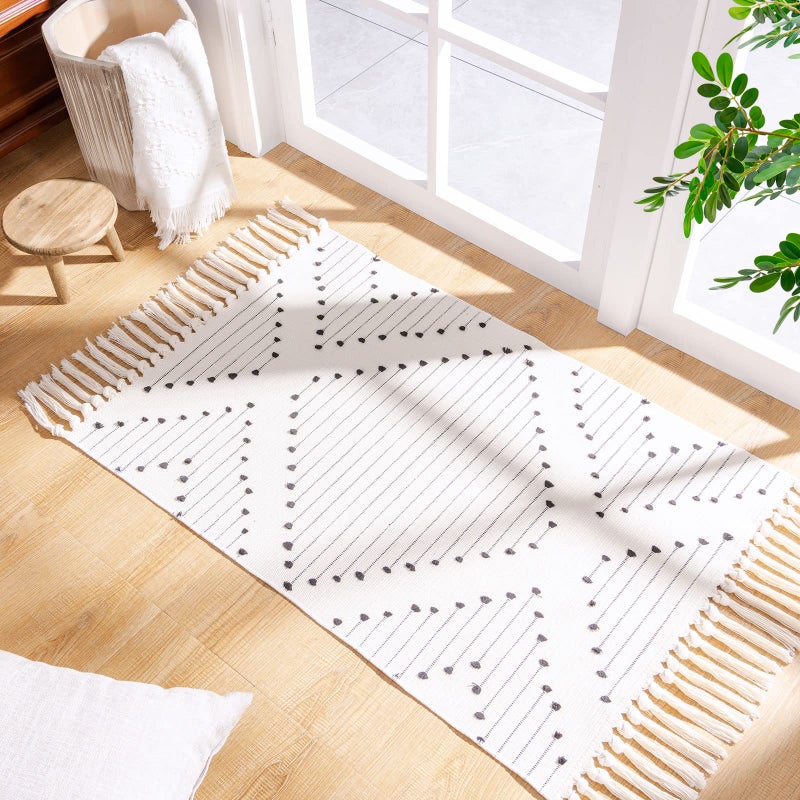 MitoVilla MitoVilla Black White Boho Rug 2'x3'  Off White Small Bathroom Rug with Tassel  Farmhouse Kitchen Bath Mat  Bohemian Runner Rug for Bedroom  Washable Cotton Woven Hallway Laundry Entryway Throw Rug  - Image 3