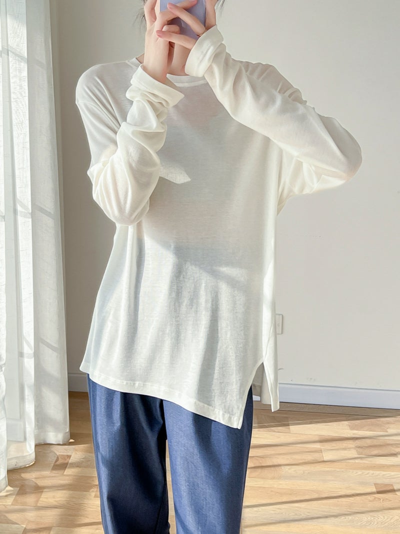 Strength Factory! Giant Soft Mulberry Silk Lyocell Long-Sleeved T-Shirt Summer Thin Split Air Conditioning Base Mask Blouse - Image 3