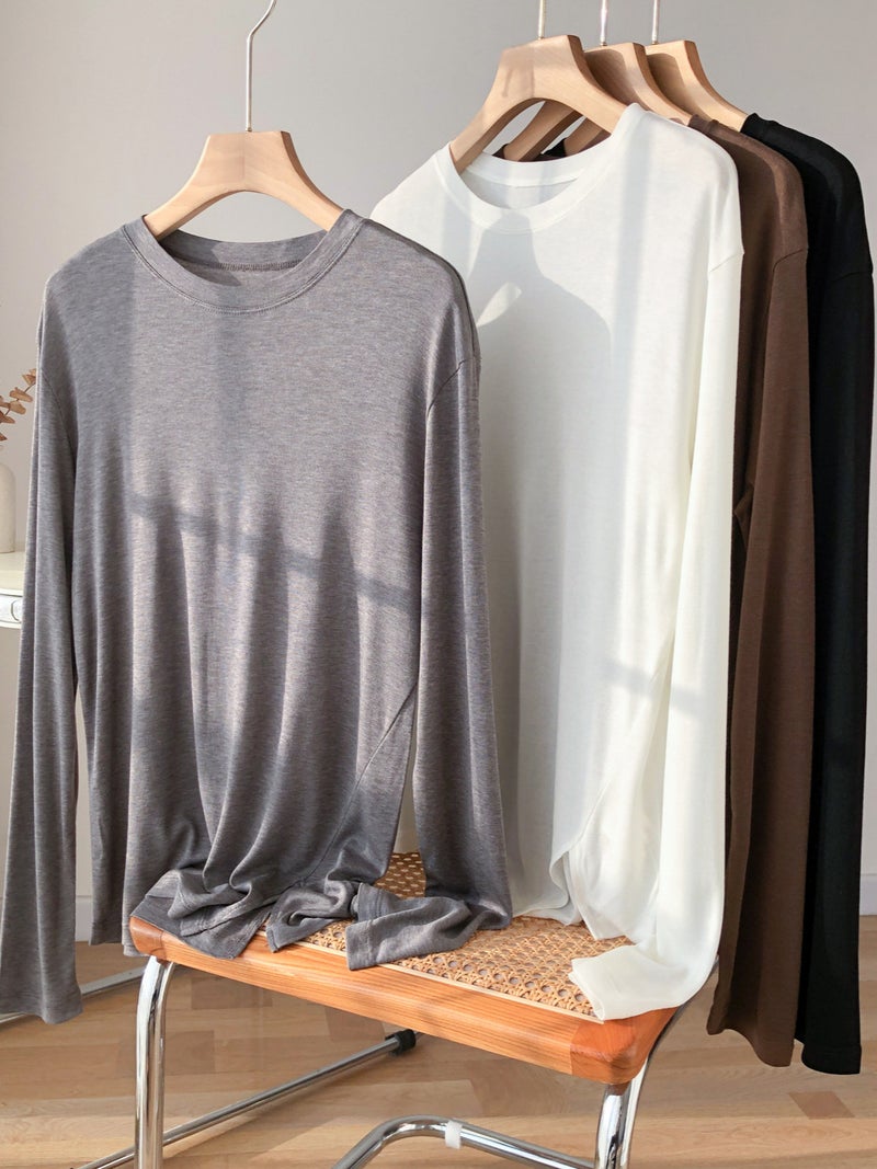 Strength Factory! Giant Soft Mulberry Silk Lyocell Long-Sleeved T-Shirt Summer Thin Split Air Conditioning Base Mask Blouse - Image 2