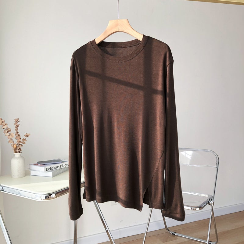 Strength Factory! Giant Soft Mulberry Silk Lyocell Long-Sleeved T-Shirt Summer Thin Split Air Conditioning Base Mask Blouse - Image 1