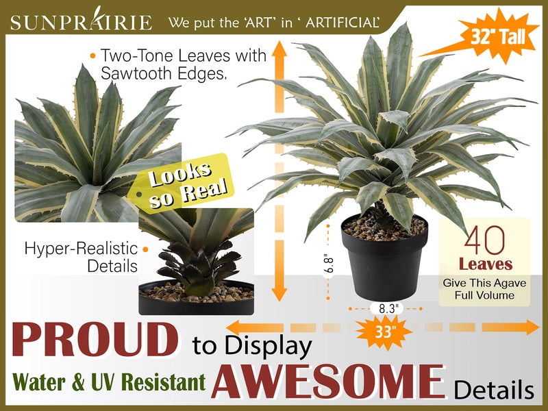 SUNPRAIRIE 32 Inch Tall Large Faux Agave Plant with Two-Tone Sawtooth Edged Leaves; Planted in Black Pot with Real Stone Pebbles. Large Artificial Plants Indoor and Outdoor. - Image 2
