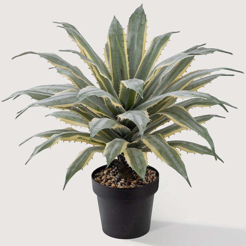 SUNPRAIRIE 32 Inch Tall Large Faux Agave Plant with Two-Tone Sawtooth Edged Leaves; Planted in Black Pot with Real Stone Pebbles. Large Artificial Plants Indoor and Outdoor. - Image 1