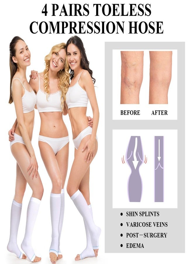 Sintege 4 Pairs Open Toe Anti Embolism Compression Stockings TED Hose 15-20mmHg Compression Socks 18mmHg Toeless Knee Socks for Women Men Swelling(L/xl) - Image 4