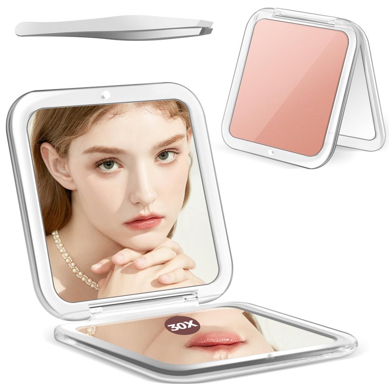 MIYADIVA MIYADIVA Compact Mirror 30X Magnifying Mirror Pocket Mirror for Purse Travel Makeup Mirror with 30X1X Magnification Travel Essentials Mirror Precision Tweezers Present for Girls