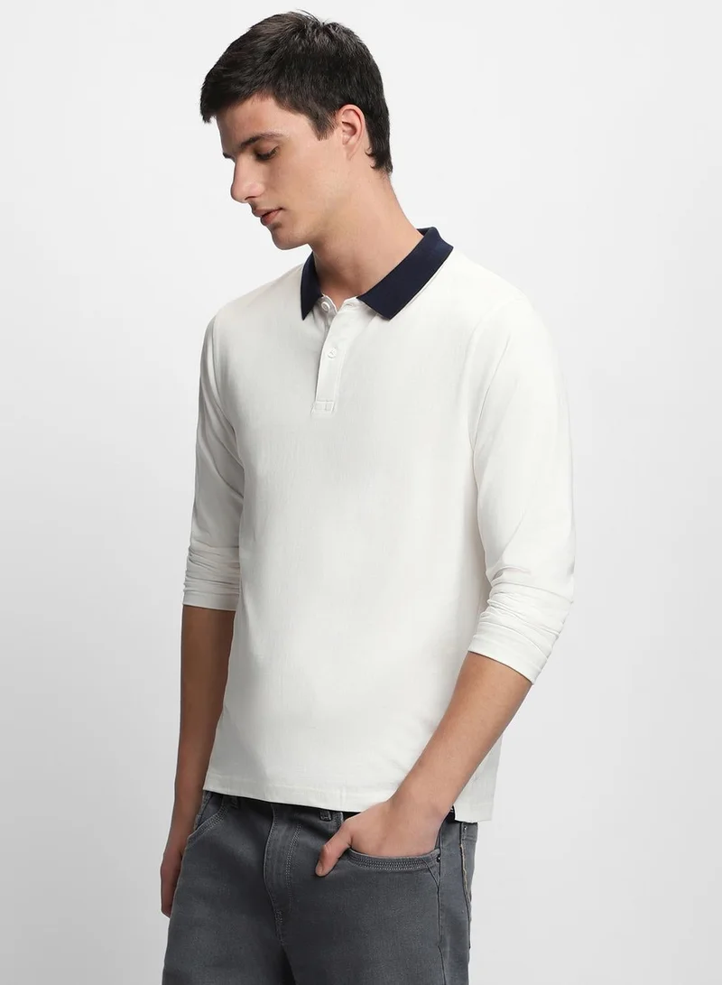 White Slim Fit Polo Collar T-shirt for Men - 100% Cotton, Full Sleeve, Casual