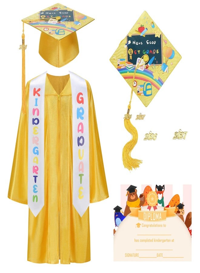 HAPNBCELE Kids Shiny Graduation Cap and Gown 6 Pcs Set Printed Style with 2026 2027 Tassel, CertificateKindergarten & Preschool Ceremony Gifts for Boys Girls (Yellow, 27) - Image 1