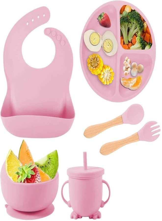 Deoxys Silicone Baby Feeding Set | Complete 6 pcs Baby Tableware Set with Suction Plate, Bowl, Spoon, Fork, Cup & Bib | BPA-Free, Microwave Safe | Easy Clean | Perfect Feeding Kit for Baby | Pink - Image 1