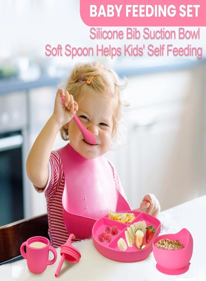 Deoxys Silicone Baby Feeding Set | Complete 6 pcs Baby Tableware Set with Suction Plate, Bowl, Spoon, Fork, Cup & Bib | BPA-Free, Microwave Safe | Easy Clean | Perfect Feeding Kit for Baby | Pink - Image 3