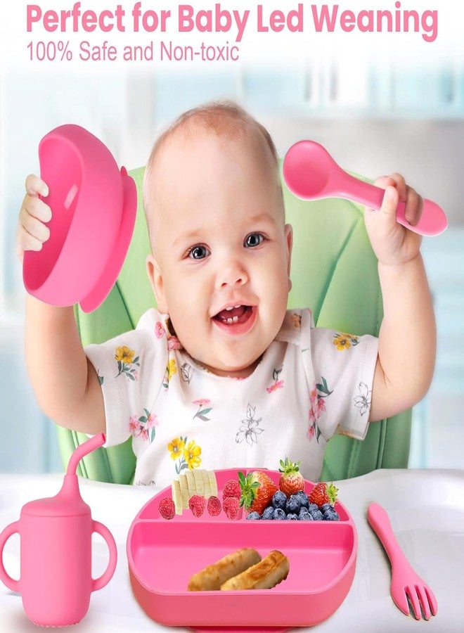 Deoxys Silicone Baby Feeding Set | Complete 6 pcs Baby Tableware Set with Suction Plate, Bowl, Spoon, Fork, Cup & Bib | BPA-Free, Microwave Safe | Easy Clean | Perfect Feeding Kit for Baby | Pink - Image 4